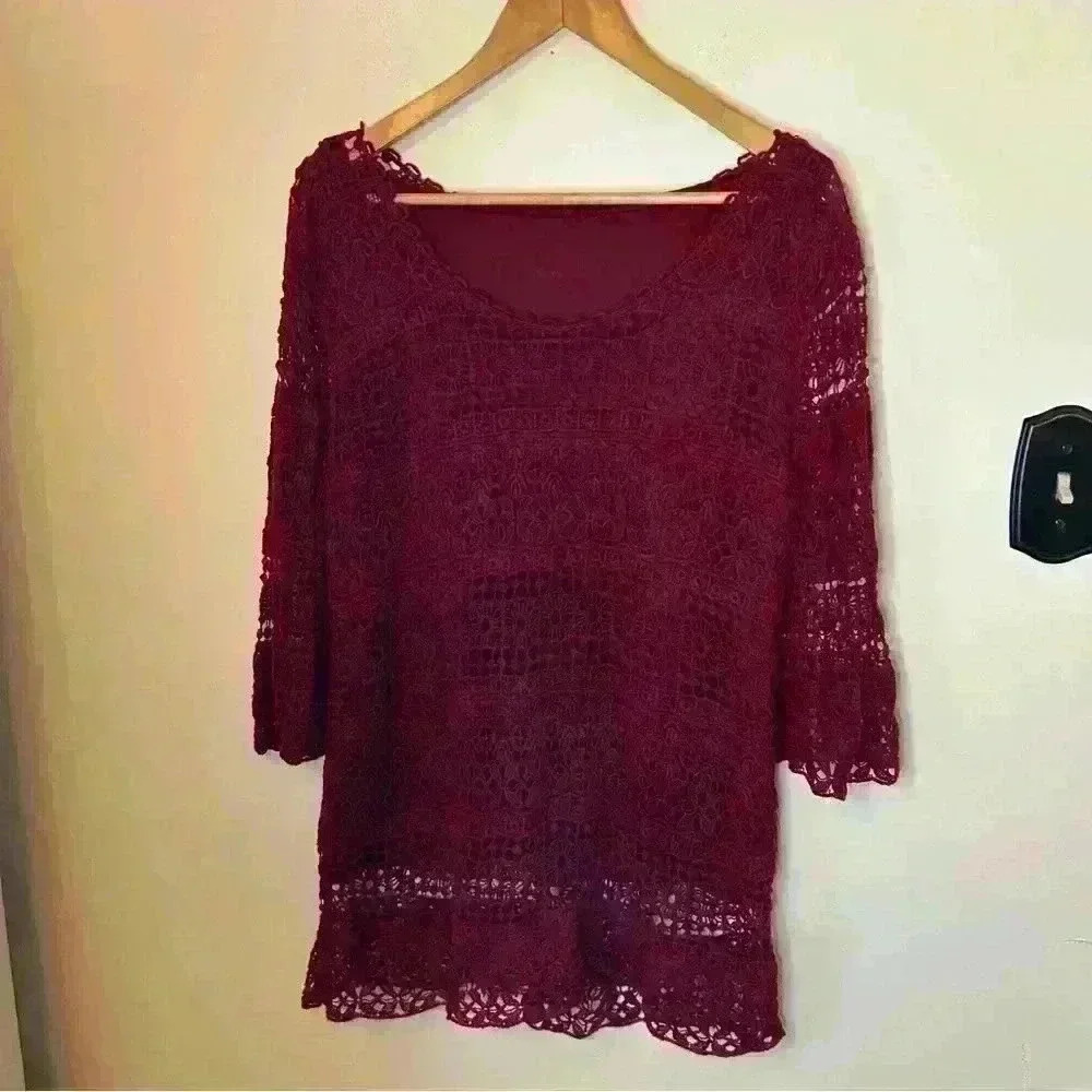 Christopher and Banks Lined Lace Short Sleeve Shirt Dark Red Shirt Size L redo